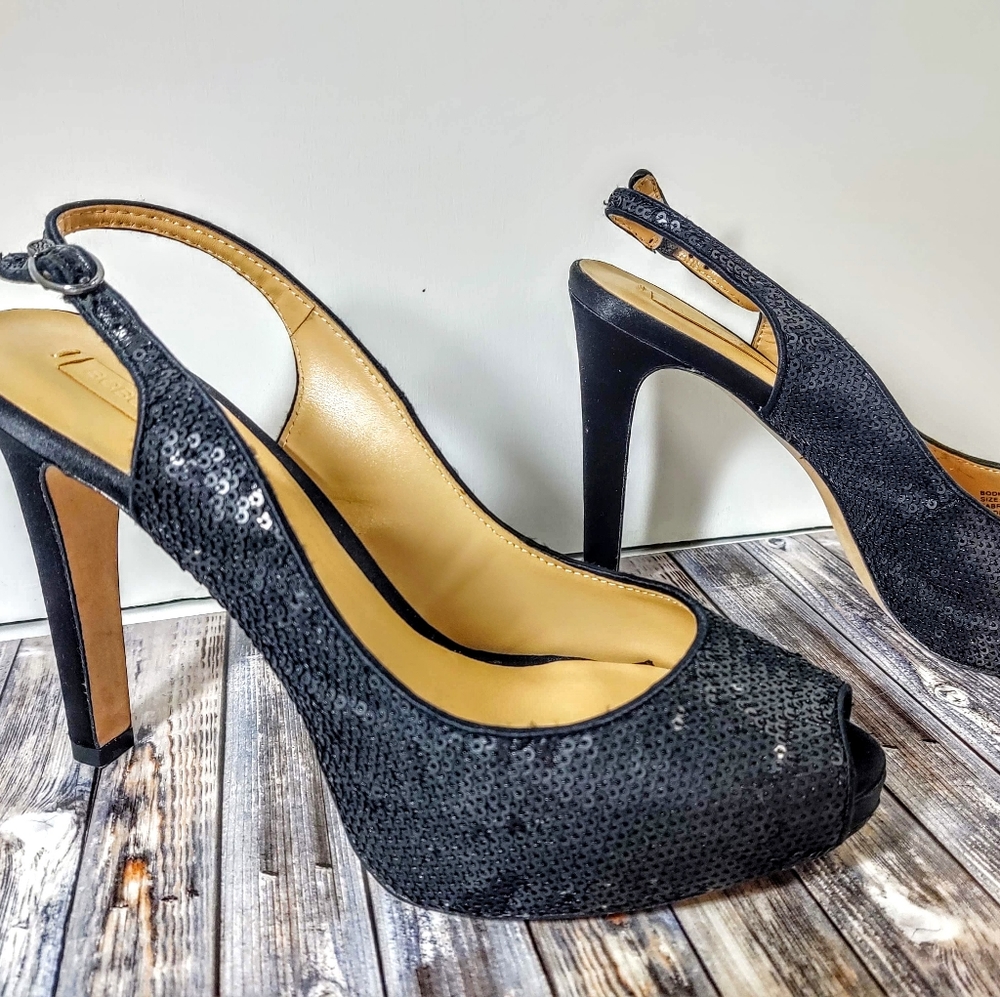 BCBG Sequin Bodhi Peep Toe Heels